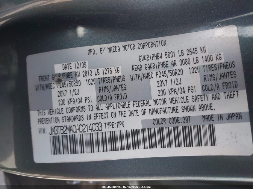 2010 Mazda Cx-9 Grand Touring VIN: JM3TB2MA0A0214033 Lot: 45630815