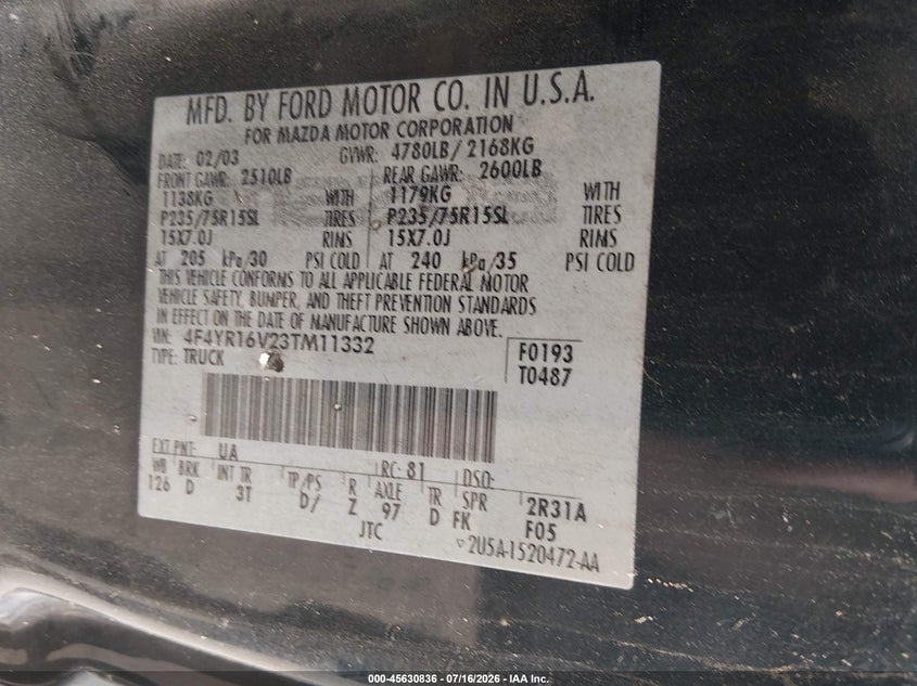 2003 Mazda B3000 Ds VIN: 4F4YR16V23TM11332 Lot: 45630836