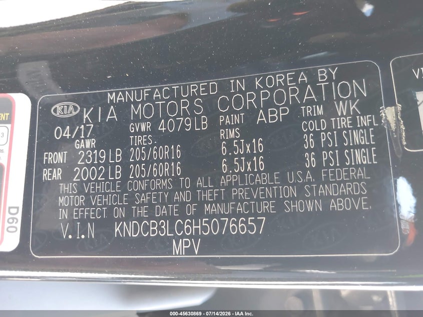 2017 Kia Niro Fe VIN: KNDCB3LC6H5076657 Lot: 45630869