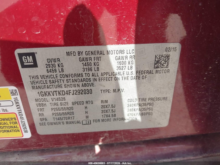 2015 GMC Acadia Denali VIN: 1GKKVTKD4FJ292030 Lot: 45630883