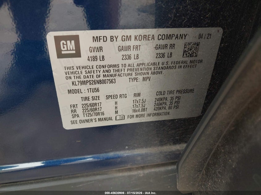 2022 Chevrolet Trailblazer Fwd Lt VIN: KL79MPS26NB007563 Lot: 45630906