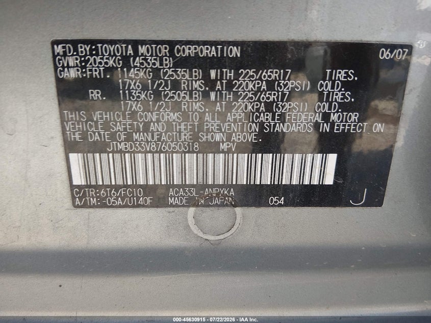 2007 Toyota Rav4 VIN: JTMBD33V876050318 Lot: 45630915