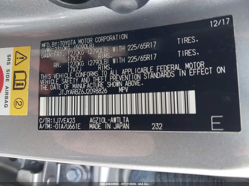 2018 Lexus Nx 300 VIN: JTJYARBZ6J2098826 Lot: 45630953