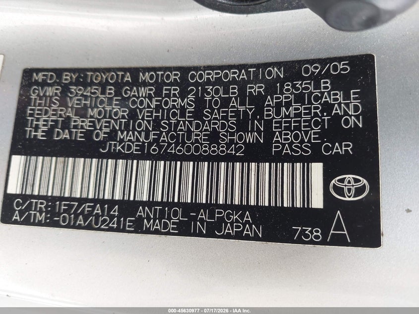 2006 Scion Tc VIN: JTKDE167460088842 Lot: 45630977
