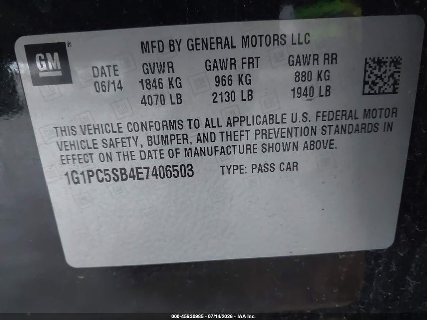 2014 Chevrolet Cruze 1Lt Auto VIN: 1G1PC5SB4E7406503 Lot: 45630985