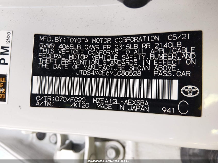 2021 Toyota Corolla Se VIN: JTDS4MCE6MJ080528 Lot: 45630998