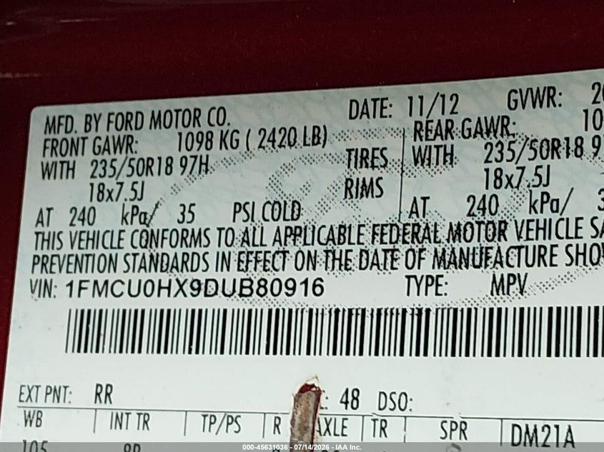 2013 Ford Escape Sel VIN: 1FMCU0HX9DUB80916 Lot: 45631036