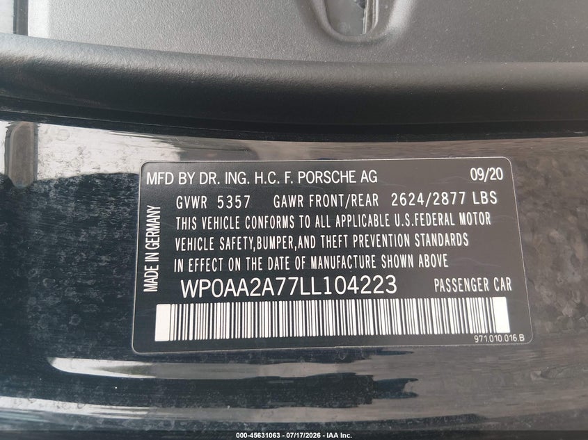 2020 Porsche Panamera 4 VIN: WP0AA2A77LL104223 Lot: 45631063