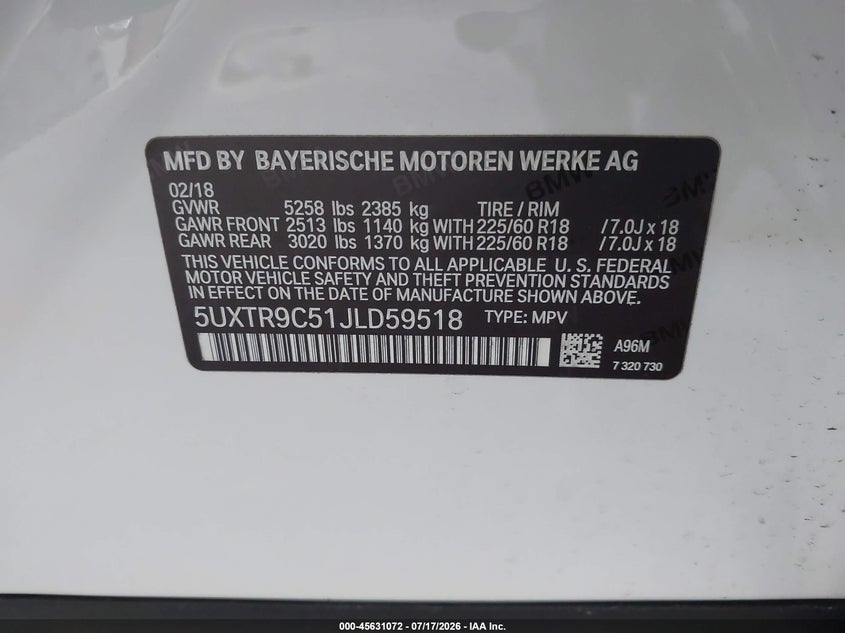 2018 BMW X3 xDrive30I VIN: 5UXTR9C51JLD59518 Lot: 45631072