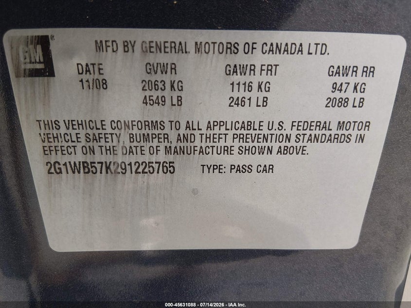 2009 Chevrolet Impala Ls VIN: 2G1WB57K291225765 Lot: 45631088
