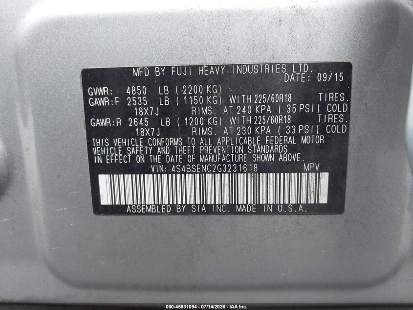 SUBARU OUTBACK 2016 VIN 4S4BSENC2G3231618
