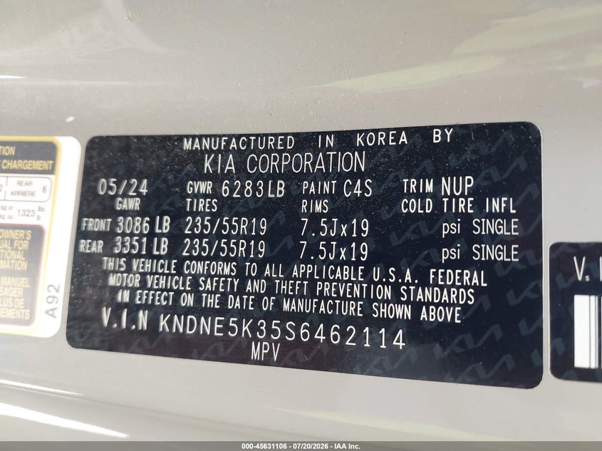 2025 Kia Carnival Mpv Sx Prestige VIN: KNDNE5K35S6462114 Lot: 45631106