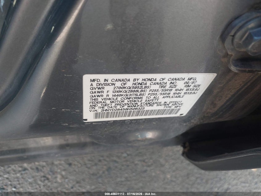 2008 Acura Mdx Technology Package VIN: 2HNYD28458H506323 Lot: 45631113