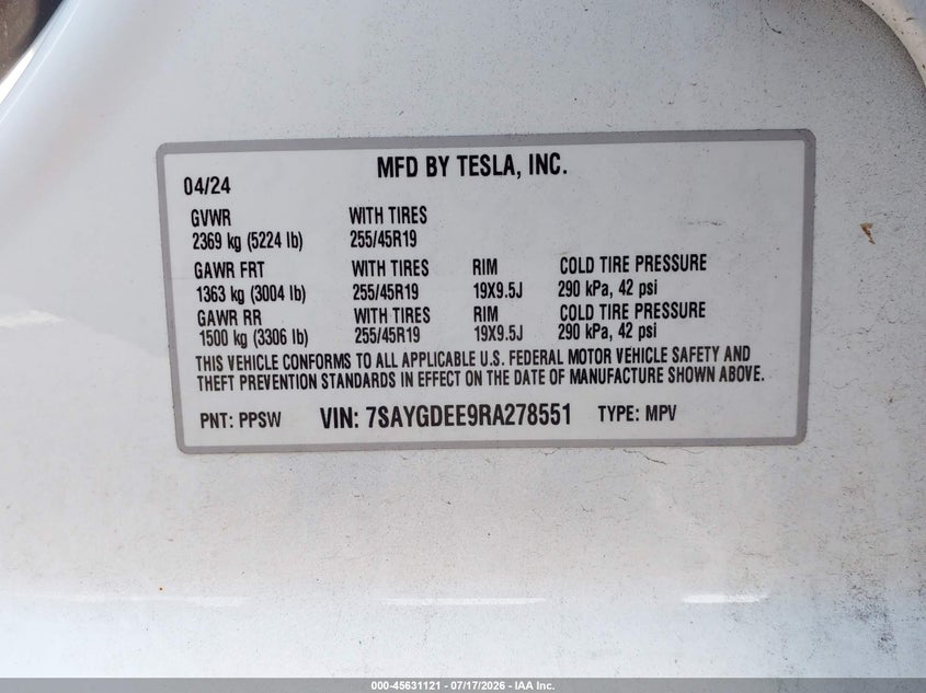 2024 Tesla Model Y Long Range Dual Motor All-Wheel Drive VIN: 7SAYGDEE9RA278551 Lot: 45631121