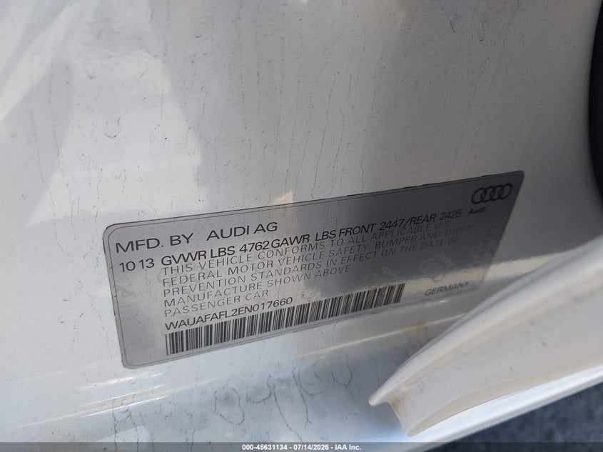 2014 Audi A4 2.0T Premium VIN: WAUAFAFL2EN017660 Lot: 45631134