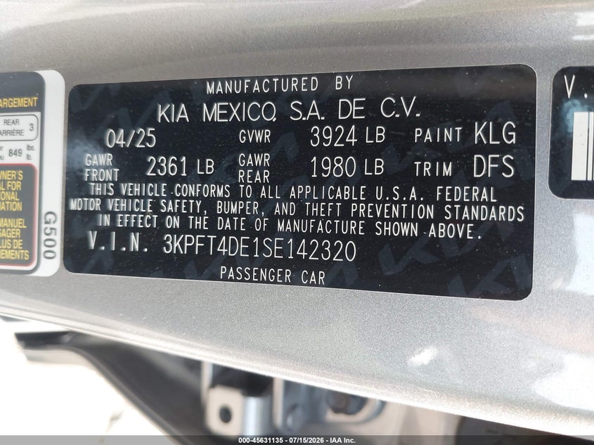 2025 Kia K4 Lxs VIN: 3KPFT4DE1SE142320 Lot: 45631135