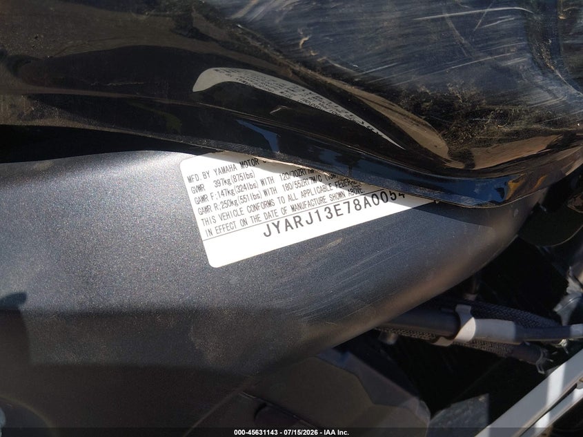 2008 Yamaha Fz6 Shg VIN: JYARJ13E78A005411 Lot: 45631143