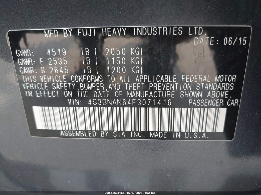 2015 Subaru Legacy 2.5I Limited VIN: 4S3BNAN64F3071416 Lot: 45631165