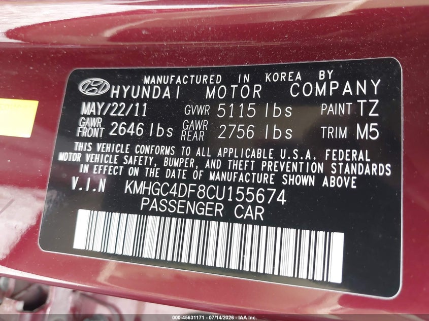 2012 Hyundai Genesis 4.6 VIN: KMHGC4DF8CU155674 Lot: 45631171