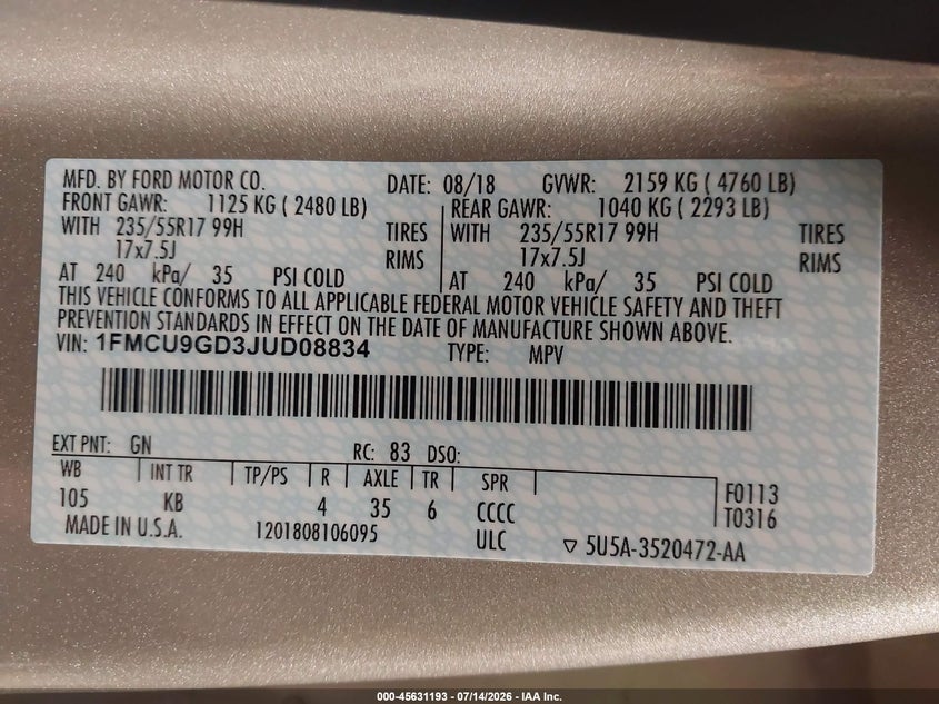 2018 Ford Escape Se VIN: 1FMCU9GD3JUD08834 Lot: 45631193