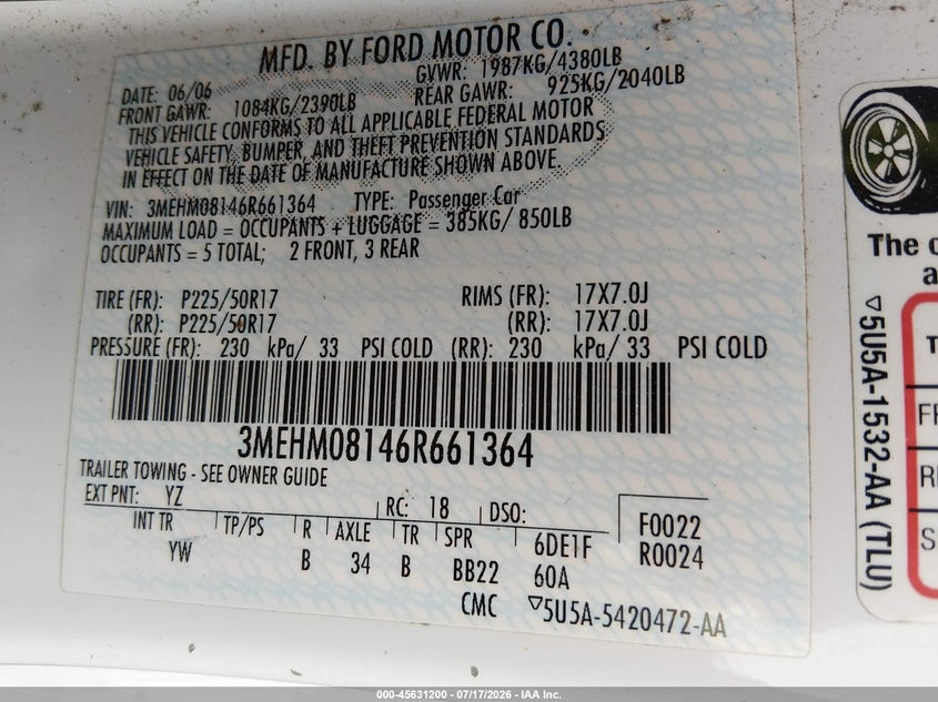 2006 Mercury Milan V6 Premier VIN: 3MEHM08146R661364 Lot: 45631200