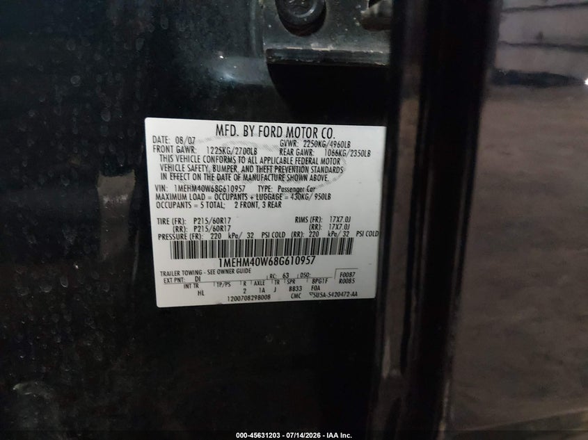 2008 Mercury Sable VIN: 1MEHM40W68G610957 Lot: 45631203