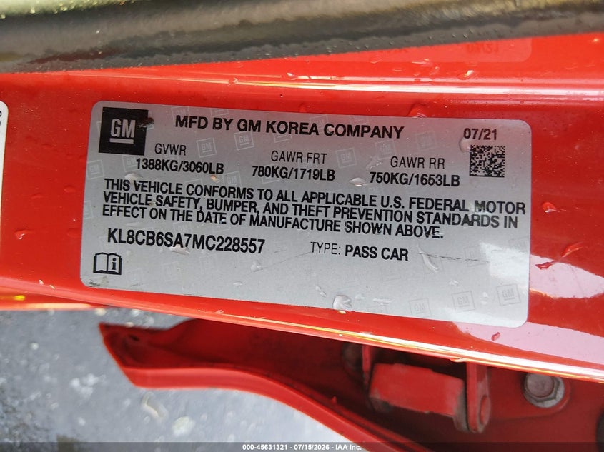 2021 Chevrolet Spark Fwd Ls Automatic VIN: KL8CB6SA7MC228557 Lot: 45631321