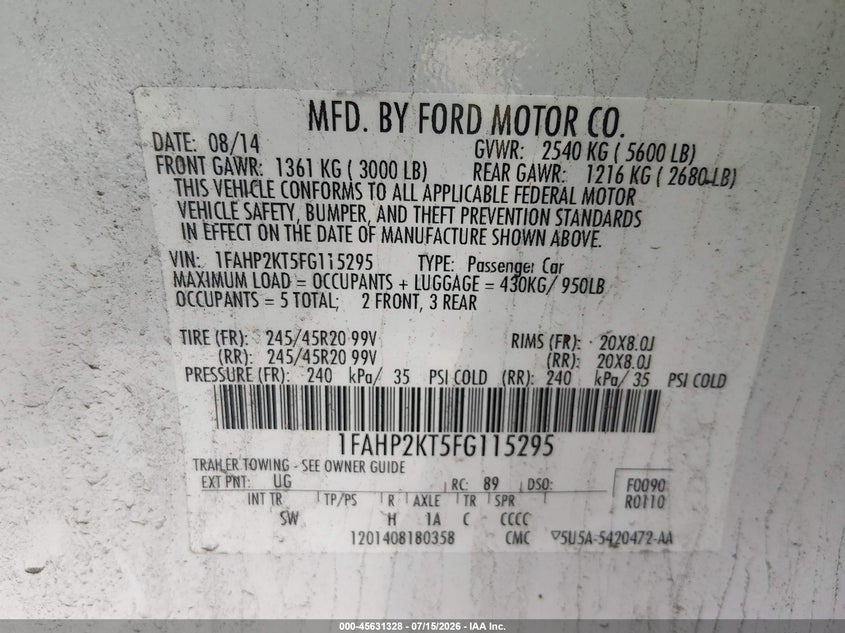2015 Ford Taurus Sho VIN: 1FAHP2KT5FG115295 Lot: 45631328