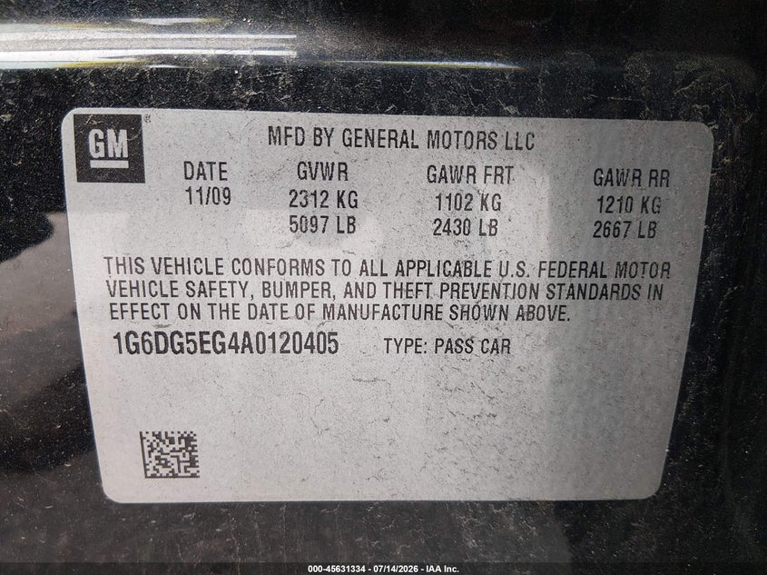 2010 Cadillac Cts Luxury VIN: 1G6DG5EG4A0120405 Lot: 45631334