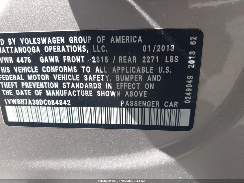 2013 Volkswagen Passat 2.5L Se VIN: 1VWBH7A39DC084842 Lot: 45631336