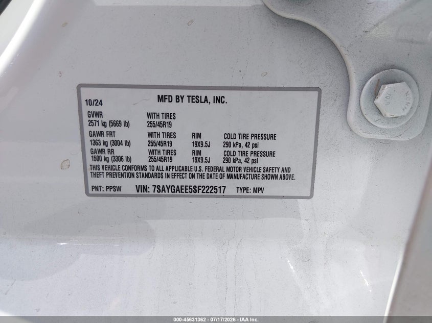 2025 Tesla Model Y Long Range Dual Motor All-Wheel Drive VIN: 7SAYGAEE5SF222517 Lot: 45631362