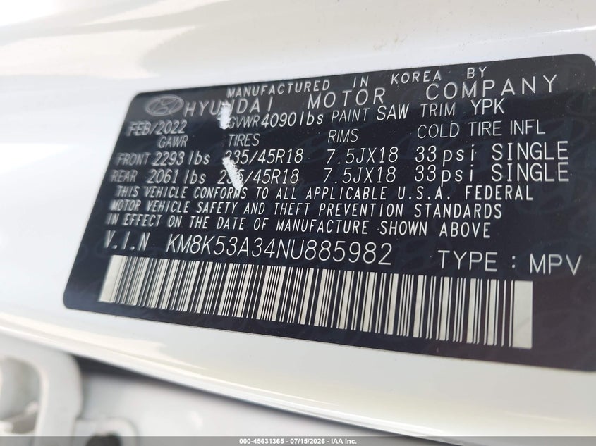 2022 Hyundai Kona Limited VIN: KM8K53A34NU885982 Lot: 45631365