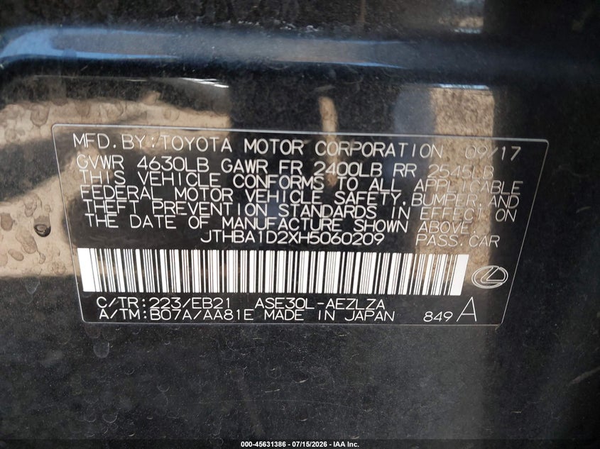 2017 Lexus Is 200T VIN: JTHBA1D2XH5060209 Lot: 45631386
