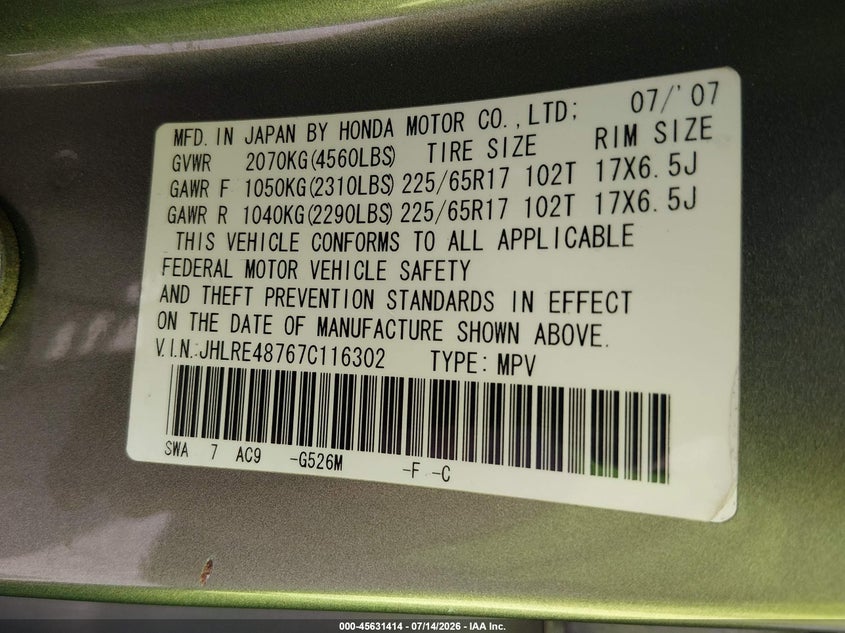 2007 Honda Cr-V Ex-L VIN: JHLRE48767C116302 Lot: 45631414