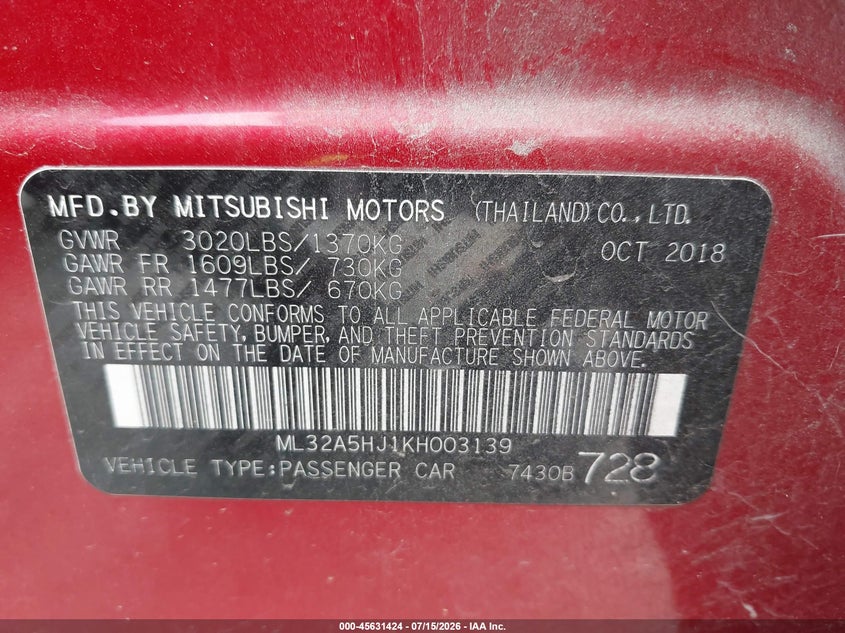 2019 Mitsubishi Mirage Gt VIN: ML32A5HJ1KH003139 Lot: 45631424