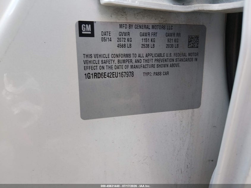 2014 Chevrolet Volt VIN: 1G1RD6E42EU167978 Lot: 45631448