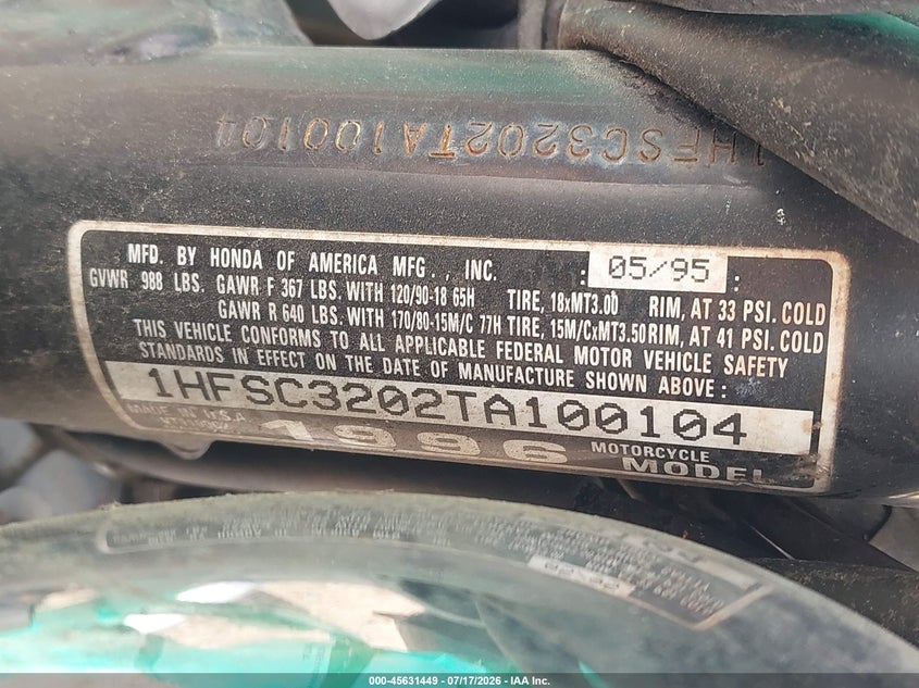 1996 Honda Vt1100 C2 VIN: 1HFSC3202TA100104 Lot: 45631449
