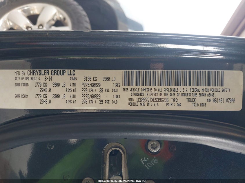 2014 Ram 1500 Big Horn VIN: 1C6RR7GTXES396236 Lot: 45631455