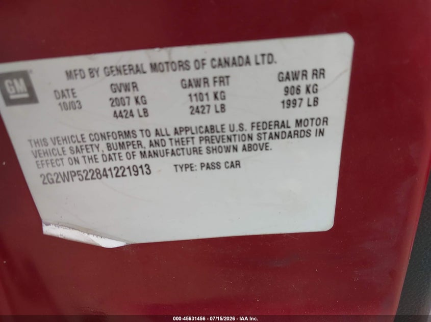 2004 Pontiac Grand Prix Gt1 VIN: 2G2WP522841221913 Lot: 45631456