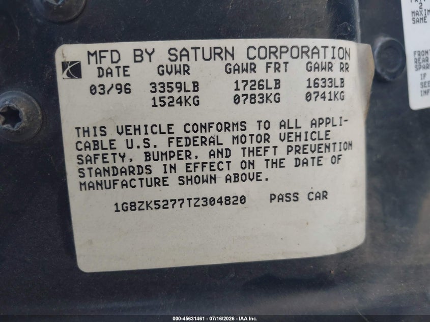 1996 Saturn Sl2 VIN: 1G8ZK5277TZ304820 Lot: 45631461