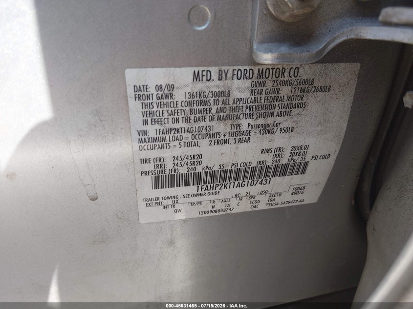 2010 Ford Taurus Sho VIN: 1FAHP2KT1AG107431 Lot: 45631465