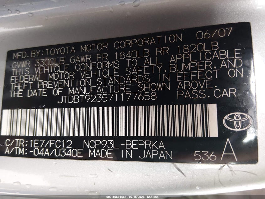 2007 Toyota Yaris VIN: JTDBT923571177658 Lot: 45631468