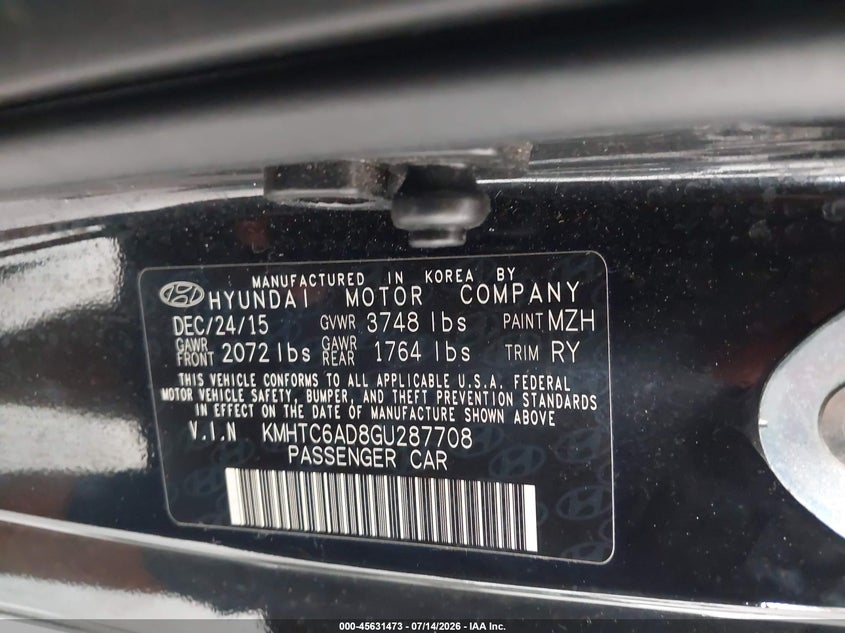 2016 Hyundai Veloster VIN: KMHTC6AD8GU287708 Lot: 45631473