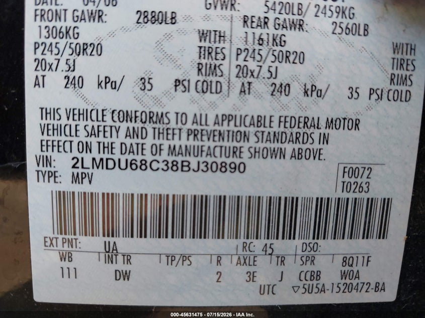 2008 Lincoln Mkx VIN: 2LMDU68C38BJ30890 Lot: 45631475