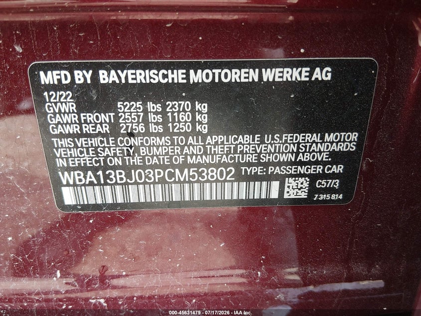 2023 BMW 530 I xDrive VIN: WBA13BJ03PCM53802 Lot: 45631479