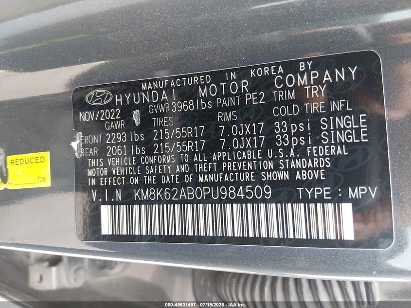 2023 Hyundai Kona Sel VIN: KM8K62AB0PU984509 Lot: 45631497