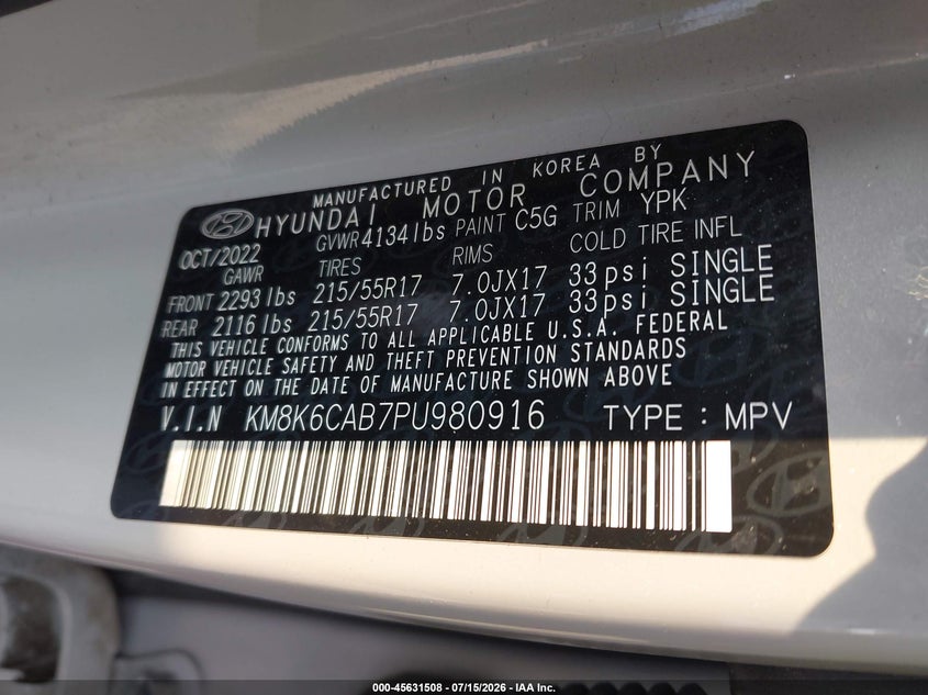 2023 Hyundai Kona Sel VIN: KM8K6CAB7PU980916 Lot: 45631508