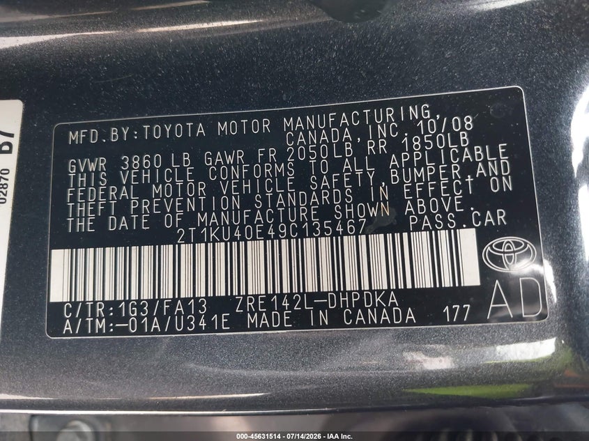 2009 Toyota Matrix VIN: 2T1KU40E49C135467 Lot: 45631514