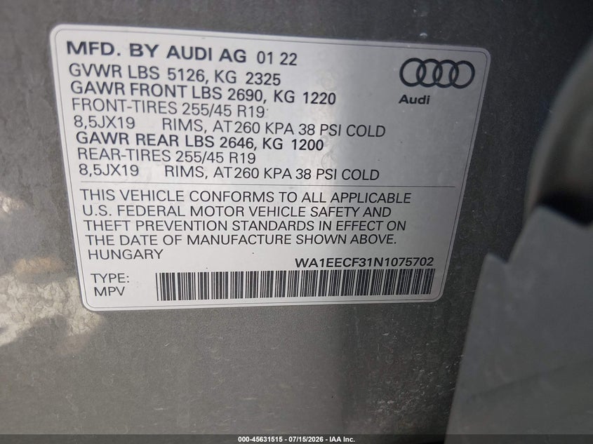 2022 Audi Q3 Premium Plus 45 Tfsi S Line Quattro Tiptronic VIN: WA1EECF31N1075702 Lot: 45631515