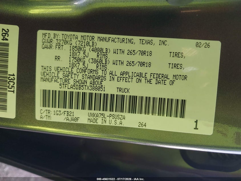 2026 Toyota Tundra Sr5 Crewmax 5.5' Bed VIN: 5TFLA5DB5TX388051 Lot: 45631522
